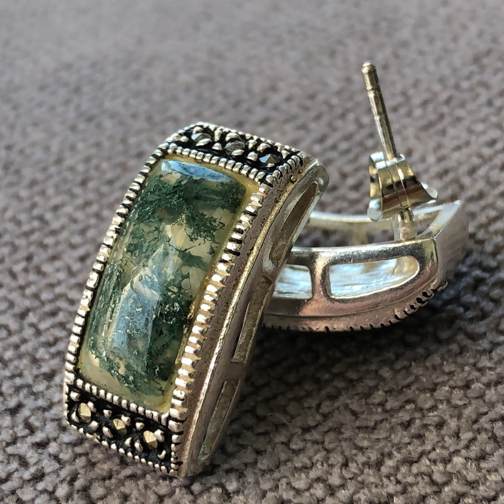Moss Agate 925 Marcasite Earrings (E12)